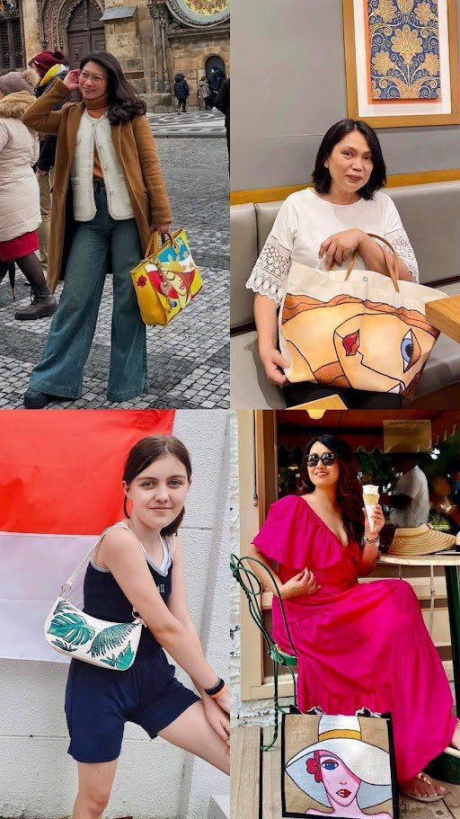 Women wearing and styling Einstein’s Art hand-painted designer bags in everyday settings