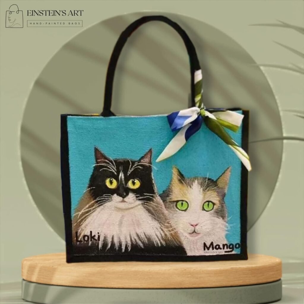 Einstein’s Art hand-painted designer bag featuring a black and white cat artwork